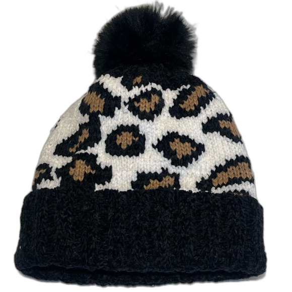Accessories - Beanie Black Leopard Pom Pom One Size